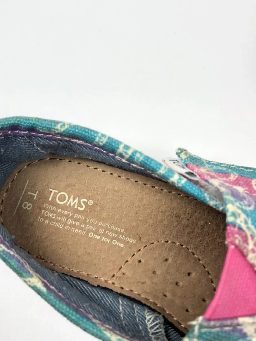TOMS Paisley Canvas Hook & Loop Shoes T8 Girls Pink Purple Teal